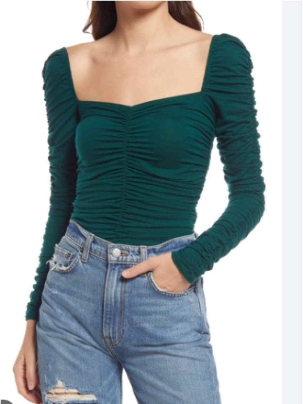 REFORMATION ESRA QUEEN ANN NECK IN EMERALD GREEN TOP sz XS